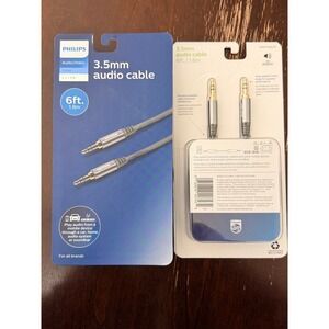 2 pk Philips 3.5mm Audio Cable Unisex 6ft Gray Gold Plated Elite SWA7126A/27 NWT